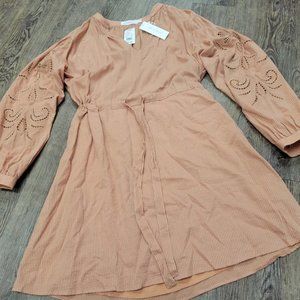 All in Favor NWT Pecan Large Eyelet Sleeve Beige Long Sleeve Summer Spring Dress